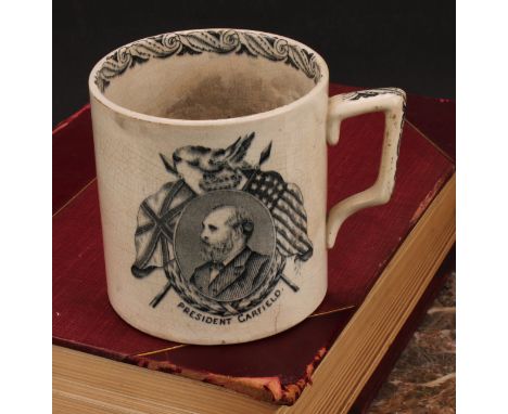 A Staffordshire Burslem mug, printed in monochrome with a portrait of President Garfield (1831 - 1881), An Acrostic, 11cm, la