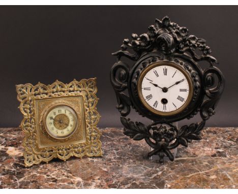 An Aesthetic Movement brass easel strut timepiece, 5.5cm enamel dial inscribed with a chapter of Arabic numerals, keyless mov