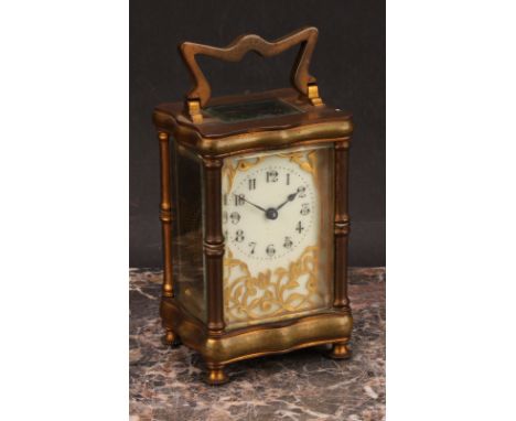 A late 19th century French lacquered brass carriage timepiece, 5.5cm enamel dial inscribed with Arabic numerals, serpentine c