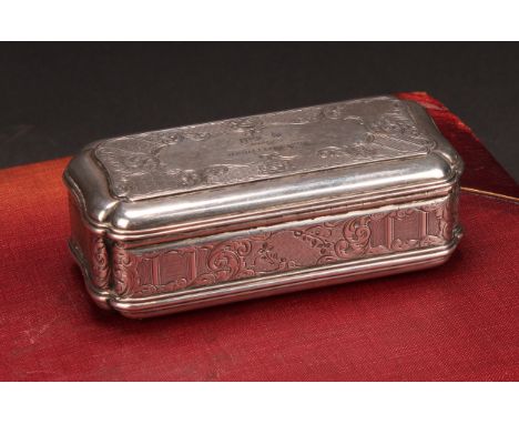 A large Victorian silver table snuff box, bright-cut engraved with leafy scrolls on an engine turned ground, gilt interior, 1