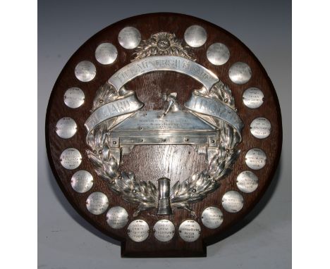 Sport - a George V silver presentation trophy shield, Fife Miners Welfare Billiards Trophy, embossed with a player at the tab