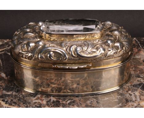 A large Scottish parcel-gilt silver oval table snuff box, possibly Provincial, hinged cover chased with thistles and scrollin