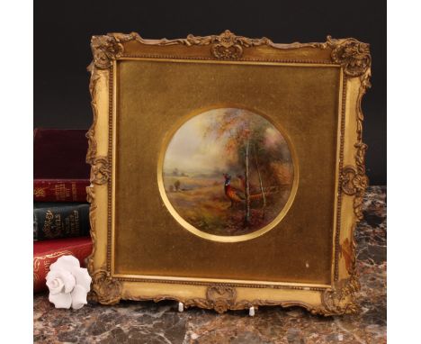 A Royal Worcester circular plaque, painted by Jas. Stinton, signed, with pheasants in rural landscape, square giltwood and ge