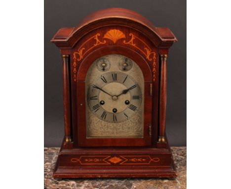 An early 20th century mahogany and marquetry musical mantel clock, 18cm silvered dial inscribed with Roman numerals, Slow/Fas