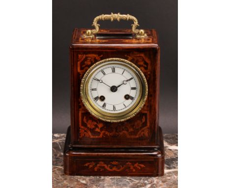 A late 19th century French rosewood and marquetry mantel clock, 7.5cm circular dial inscribed with Roman numerals, twin windi