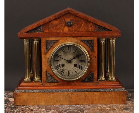 A 19th century oak and pollard oak architectural mantel clock, 13cm silvered dial inscribed with Roman numerals, twin winding