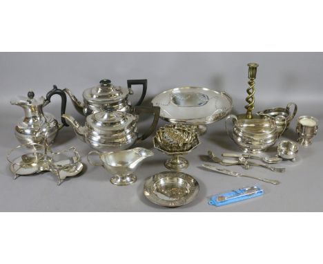 A good collection of silver plate teawares, mother of pearl handled cutlery and a swing handle dish, etc.