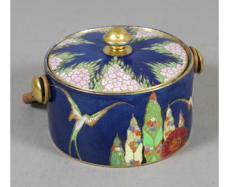 A Carltonware bowl and cover with swing handles, powder blue ground and decorated with poplars. Condition Report. To be used 