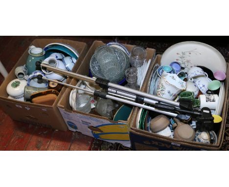 Three good boxes of mixed china and glass to include Sylvac, Aynsley and Portmerion examples etc and a camera tripod.