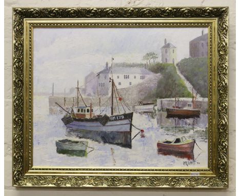 A gilt framed oil on canvas harbour scene and fishing boats bearing signature P. R. Eckett 86.
