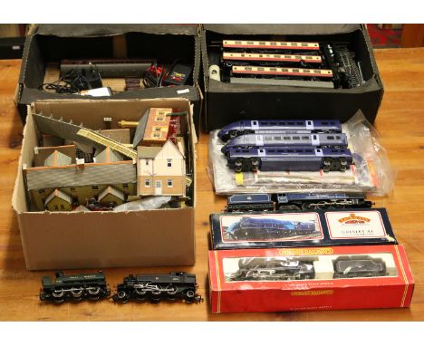 A collection of Hornby and Bachmann model railway to include OO gauge engines in original boxes, track, coaches, controllers 