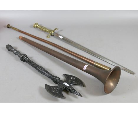 A two piece copper hunting horn along with a metal axe and dress sword (AF).