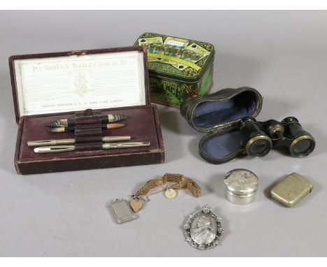 A cased pair of opera glasses and a chalk drawing set along with a vesta case, a rolled gold bracelet and a hallmarked silver