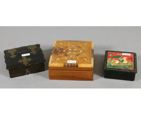 A Russian lacquered box along with a vintage card box and contents of playing cards together with an inlaid box and contents 