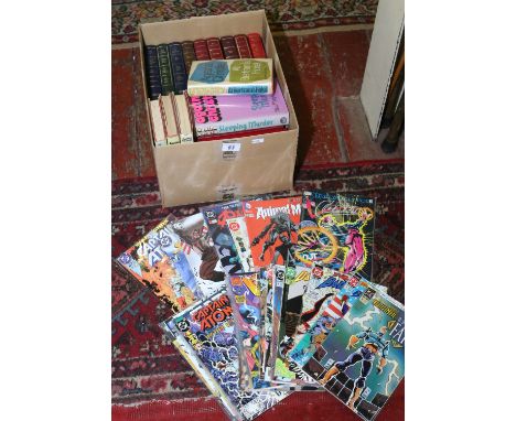 A box of books and American comics to include an Agatha Christie First Edition issue 'At Bertram's Hotel'.