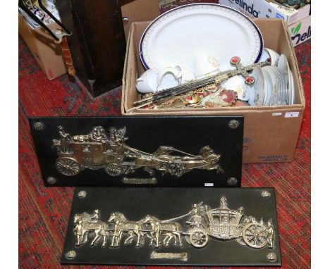A collection of ornamental daggers, wall plaques and shields along with a German part tea service and an Alfred Meakin meatpl