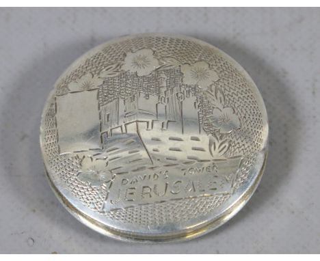 A Israeli compact with topographical decoration featuring David Tower 'Jerusalem' stamped L.G 833 silver probably by Lustig G