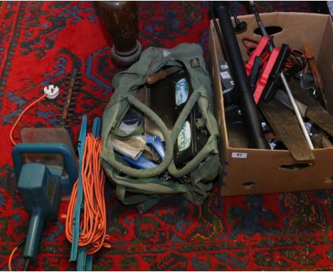 A plumbers bag and a box containing assorted tools.