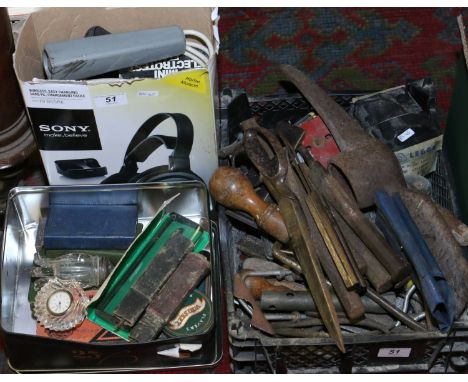 A collection of old tools to include cold steel chisels, a box of spanners and set square, motor vehicle timing equipment alo