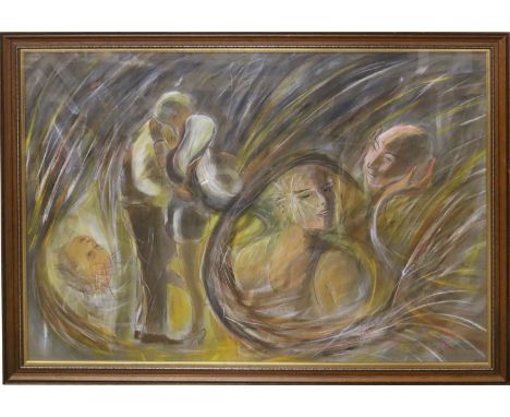 C. A. Thompson large framed mixed media abstract scene depicting lovers.