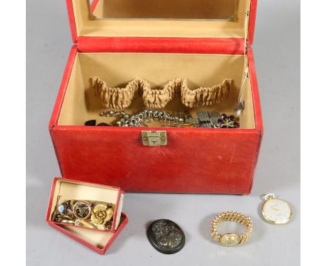 A red leather jewel box and good quantity of vintage costume jewellery including Ingersoll pocket watch, rolled gold, cameo b