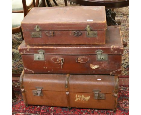 A vintage leather travel trunk with wooden banding and two leather suitcases (AF).