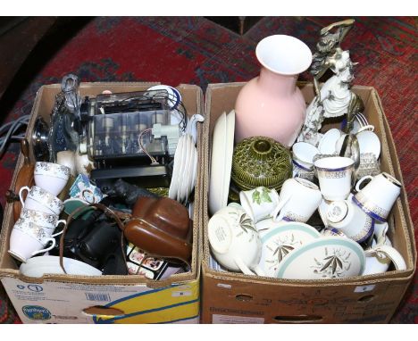 Two boxes of mixed china, glass and collectables to include part tea services, cased cameras and a Hornby battery operated wo