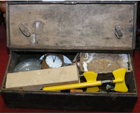 A box of miscellaneous to include a vintage hand vacuum, hand tools, metalwares etc.