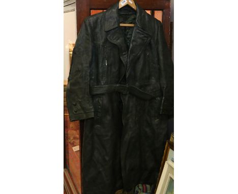A vintage leather full length trench coat.