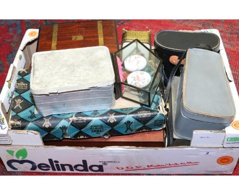 A good box of collectables to include a cased microscope and binoculars along with cutlery and work boxes.