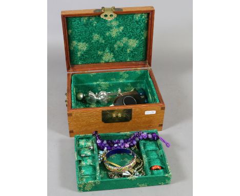 A Chinese brass mounted hardwood jewel casket and contents including hatpins, amethyst , bracelets, jade pendant and earrings