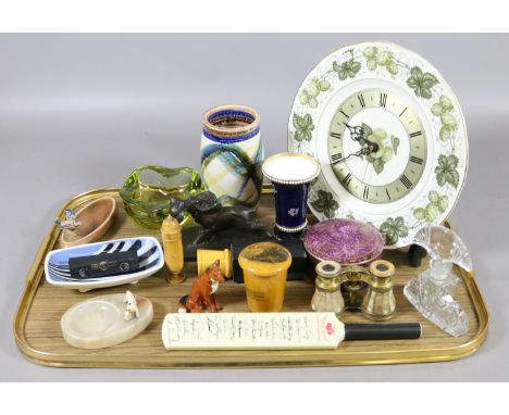 A tray of collectables including Royal Worcester clock, Mauchline ware cup and preserve bottle, Art Deco perfume bottle, moth