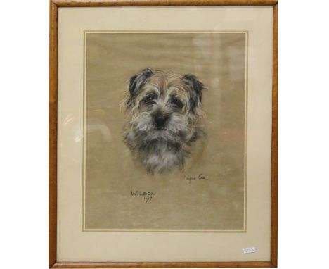 Marjorie Cox framed pastel portrait of a terrier named Wilson 1967, signed.