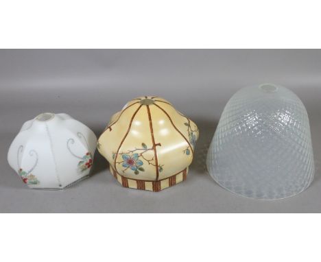 Three lampshades to include two vintage painted items and one vaseline glass.