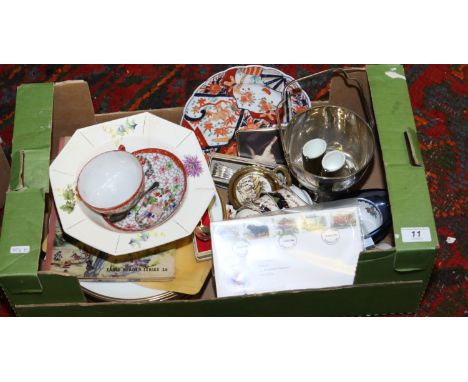 A collection of ceramics, glass and silver plate to include Japanese Imari pattern plate, egg shell cup with saucer, Royal Ve