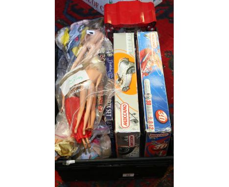 A box of vintage childrens toys to include Meccano and dolls.