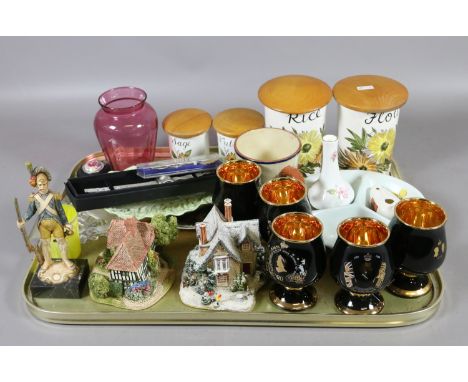 A tray lot of collectable china and glass to include Crown Devon, Royal Albert and Carltonware examples.