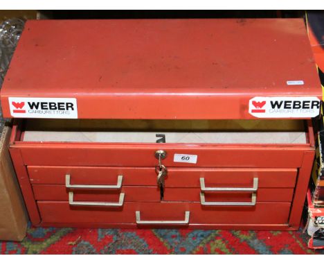 A metal five drawer lockable tool box.