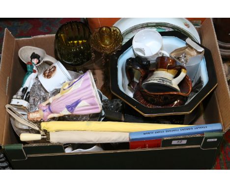 A box of collectables to include art glass, parasols, stamp album and a Goebel figure 'Southern bell'.