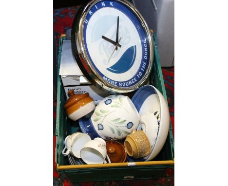 A box of miscellaneous to include a Pepsi Cola wall clock, an Empire Aristocrat typewriter in original metal case, mixed cera