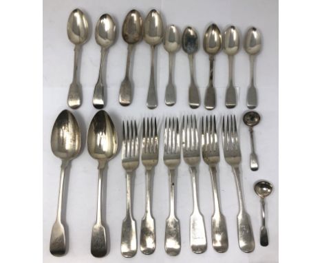 ASSORTED FIDDLE PATTERN ENGLISH TABLE SILVER, 1818-1907, comprising: a set of five table forks, initialled D, Henry Holland &