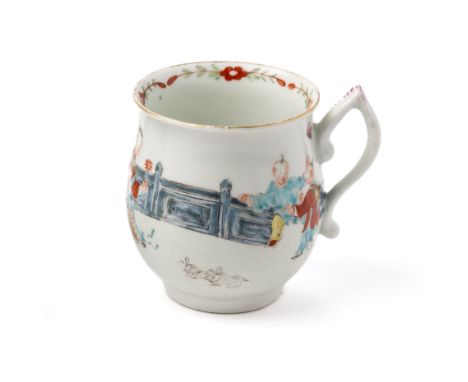 ‡ A RARE WORCESTER COFFEE CUP, CIRCA 1758-60, of bell shape with wishbone handle, painted with two Chinese boys playing in a 