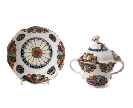 ‡ A WORCESTER CHOCOLATE CUP, COVER AND STAND, CIRCA 1765, painted in Japanese Imari style with the 'Fan' pattern, mock orient