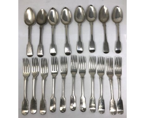 SETS OF GEORGIAN SILVER DESSERT FORKS AND SPOONS, all Fiddle pattern, comprising: a set of seven forks, William Eaton, London