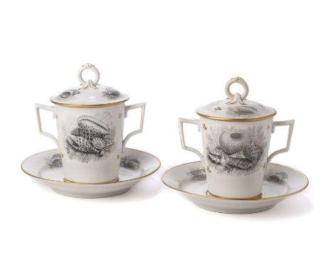 ‡ A PAIR OF BARR, FLIGHT &amp; BARR (WORCESTER) CHOCOLATE CUPS, COVERS AND STANDS, CIRCA 1810, of tapered cylindrical form se