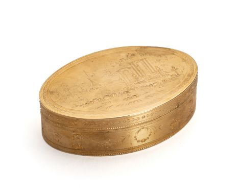 ‡ A SWISS GOLD SNUFF BOX, GENEVA, CIRCA 1790, oval, fine linear ground rose-turned and bright-cut, the top with a pavillion b