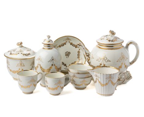 ‡ A WORCESTER PART TEA AND COFFEE SERVICE, 1780s, gilt with ribbon-tied flower swags, comprising: a globular teapot and cover