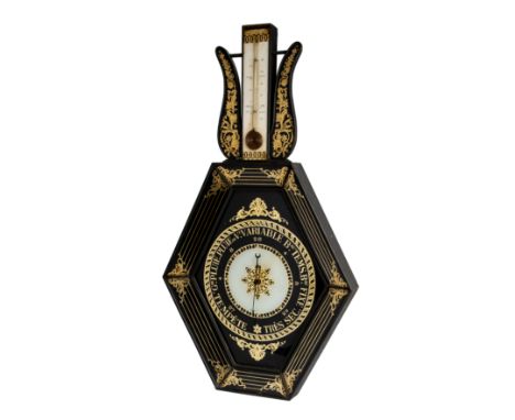 A FRENCH VERRE EGLOMISE BAROMETER, PARIS, SECOND QUARTER 19TH CENTURY, black ground with gilt details, white centred circular