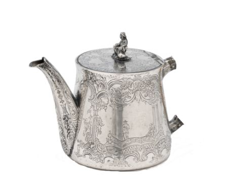 A VICTORIAN SILVER TEAPOT, R. &amp; S. GARRARD, LONDON, 1842, slightly tapered cylindrical, engraved all over with scrolling 