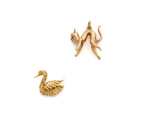 GOLD BROOCH AND PENDANT, brooch designed as an openwork textured duck with circular ruby eye, 18 carat import marks for 1975,